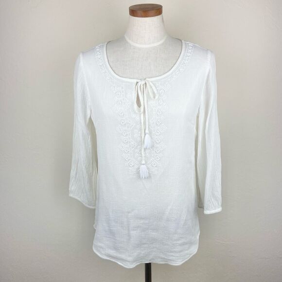 J. McLaughlin Embroidered Neck-Tie Boho Blouse - White - Picture 1 of 6